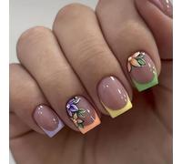 Irikdescia 24 pz Breve Quadrato Francese Press On Nails, Punte Colorate Con Motivo Fiore Chiodi Incollare, Morbido E Superficie Lucida Chiodi Fake