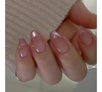 Irikdescia 24 unghie finte da incollare, da donna, a forma di mandorla, colore rosa sfumato con finish brillante