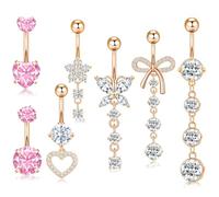 Irikdescia Set di 7 piercing ombelicale lungo, acciaio chirurgico argento rosa, design di farfalle e cuori appesi, piercing ombelicale a fiore, set di piercing ombelicale, L