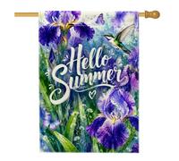 Iris - Bandiera per la casa, motivo floreale estivo con colibrì e farfalla, in iuta viola su entrambi i lati, per esterni, patio, cortile, prato, ingresso, balcone, 71 x 101 cm