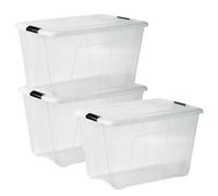 Iris Ohyama, Boite Rangement Plastique avec Couvercle, 60L, Lot de 3, Transparent, Clips de Fermeture, Poignée, Empilable, pour Chambre, Dressing, Bureau, Sans BPA, Caisse de Rangement, Bac, NTB-60
