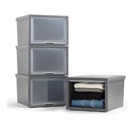 Iris Ohyama, Cassetti in Plastica Impilabili, Cassettiera per Camera da Letto, Scarpe, 40L, Set di 4, Grande, Grigio Scuro, Porta a Ribalta, per Armadio, Ingresso, Senza BPA, Organizer, Torre, BCF-500