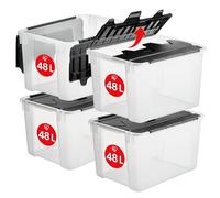 Iris Ohyama, Contenitore di plastica con coperchio ad ala, 48L, Lotto di 4, trasparente, senza BPA con maniglie, impilabile e nidificante, organizzazione solida, camera da letto, spogliatoio,