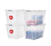 Iris Ohyama, Lotto di 4 scatole portaoggetti in plastica con coperchio, Grandi scatole portaoggetti impilabili, 60 L, senza BPA, Lavanderia, Ufficio, Trasparente/Maniglie Argento, L39,5 x P58 x