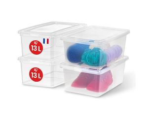 Iris Ohyama, Scatola di Plastica Multiuso, 13L, Lotto di 4, Trasparente, Chiusura Facile, Impilabile, per Camera da Letto, Cucina, Ufficio, Bagno, Vestiti, Giocattoli, Senza BPA, CNL-13E