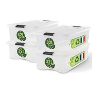 Iris Ohyama, Scatola di Raccoglimento in Plastica con Coperchio, 32L, Lotto di 4, Trasparente, Clip di Chiusura, Maniglia, Impilabile, Organizzazione Solida e Durevole, per Camera, Ufficio, BSB-32