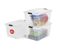 Iris Ohyama, Scatola portaoggetti in plastica con coperchio, 45 l, confezione da 3, trasparente, clip di chiusura, maniglia, impilabile, per camera da letto, cabina armadio, ufficio, senza BPA