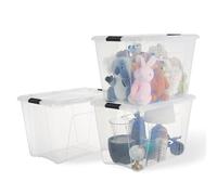 Iris Ohyama, Scatola portaoggetti in plastica con coperchio, 55 l, confezione da 3, trasparente, 98% in plastica riciclata, clip di chiusura, maniglia, impilabile, per camera, spogliatoio, ufficio