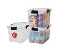 Iris Ohyama, Scatole Portaoggetti Ermetiche in Plastica, 20L, Set di 3, Trasparente, Coperchio Impermeabile, con Chiusura, Impilabile, Per Esterni, Garage, Vestiti, Antipolvere, Senza BPA, AT-SD
