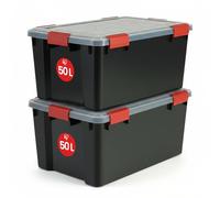 Iris Ohyama, Scatole Portaoggetti Ermetiche in Plastica, 50L, Set di 2, Nero, Coperchio Impermeabile, con Chiusura, Impilabile, Per Esterni, Garage, Vestiti, Antipolvere, Senza BPA, AT-L