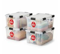 Iris Ohyama, Scatole Portaoggetti Ermetiche in Plastica, 50L, Set di 4, Trasparente, Coperchio Impermeabile, con Chiusura, Impilabile, Per Esterni, Garage, Vestiti, Antipolvere, Senza BPA, AT-L