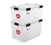 Iris Ohyama Scatole portaoggetti ermetiche in plastica con coperchio, 45 L, set di 2, trasparente, chiusura ermetica impermeabile, robuste chiusure a scatto, impilabili, protezione dalla polvere