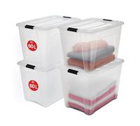 Iris Ohyama Scatole Portaoggetti in con Coperchio, 60L, Lotto di 4, Trasparente, Clip di Bloccaggio, Empilabile, Maniglia, Per Camera, Armadio, Ufficio, Organizzatore, Senza BPA, NTB-60