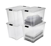 Iris Ohyama Scatole Portaoggetti in con Coperchio, 60L, Lotto di 4, Trasparente, Clip di Bloccaggio, Empilabile, Maniglia, Per Camera, Armadio, Ufficio, Organizzatore, Senza BPA, DDNTB-60