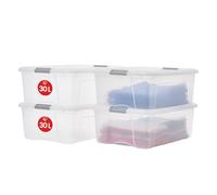 Iris Ohyama Scatole Portaoggetti in Plastica con Coperchio, 30L, Lotto di 4, Argento, Clip di Bloccaggio, Empilabile, Maniglia, Per Camera, Armadio, Ufficio, Organizzatore, Senza BPA Plastica,