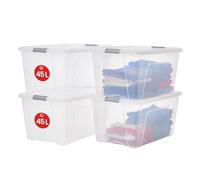 Iris Ohyama Scatole Portaoggetti in Plastica con Coperchio, 45L, Lotto di 4, Argento, Clip di Bloccaggio, Empilabile, Maniglia, Per Camera, Armadio, Ufficio, Organizzatore, Senza BPA Plastica, NTB-45