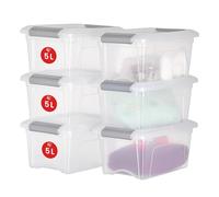 Iris Ohyama Scatole Portaoggetti in Plastica con Coperchio, 5L, Lotto di 6, Argento, Clip di Bloccaggio, Empilabile, Maniglia, Per Camera, Armadio, Ufficio, Organizzatore, Senza BPA Plastica, NTB-5