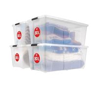 Iris Ohyama Scatole Portaoggetti in Plastica con Coperchio, 80L, Lotto di 4, Trasparente, Con Chiusura a Clip, Empilabile, Solido, Per Armadio, Garage, Casa, Ufficio, Organizzatore, TB-84D