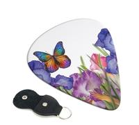 Iris - Plettri per chitarra a forma di farfalla, con fiore e farfalla, spessore 0,71 mm, in celluloide, con supporto in pelle, per basso, chitarra elettrica, acustica, idea regalo per gli amanti
