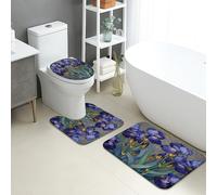 Iris - Set di 3 tappetini da bagno, motivo floreale, assorbente, antiscivolo, a forma di U, lavabile, ispirato alla primavera, in flanella ad asciugatura rapida