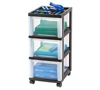 IRIS USA Carrello portaoggetti in plastica per cassetti, con ruote, 3 cassetti, per aule artistiche e artigianali, comò, armadio, bagno, dormitorio, camera da letto, lavanderia, nero/trasparente
