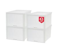 IRIS USA - Cassapanca impilabile per vestiti, capienza 39,7 l, grande, confezione da 4, in plastica, con porta ribaltabile, ideale per armadio, casa, ufficio, camera da letto e asilo, colore: bianco