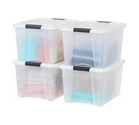 IRIS USA, Inc. - Contenitore portaoggetti in plastica con coperchio resistente e fibbie a scatto sicure, impilabile e impilabile, perla/nero, 40 Qt