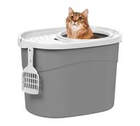 IRIS USA - Lettiera per gatti a forma di tondo, grande, semplice, rotonda, con paletta, per lettiera a forma di gattino, con copertura per la cattura di particelle e pareti per la privacy, grigio/bianco