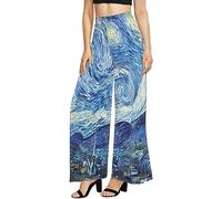 Irisjudy Pantaloni lunghi da donna casual a gamba larga, pantaloni a palazzo elasticizzati a vita alta Monet Art Plus Size Clubwear, Notte stellata Van Gogh Art, S