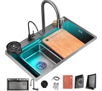 IROEJT Lavello da Cucina Nero in Acciaio Inox 304 con Rubinetto a Cascata a Montaggio Superficiale e Guarnizione a Forma di Tazza, Dimensioni 60x45x21 cm, Design Moderno, Adatto，75x45x21cm Large