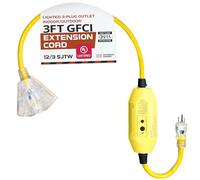 IRON FORGE CABLE 3 Foot Lighted Outdoor GFCI Extension Cord with 3 Electrical Power Outlets - 12/3 SJTW Heavy Duty Yellow Pigtail Extension Cable with 3 Prong Grounded Plug for Safety, 15 AMP