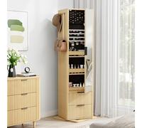 IRONCK Armadietto girevole a 360° con specchio a figura intera, con contenitore per gioielli, libreria a 4 ripiani e ganci, design a onda, inferiore a 50,8 x 50,8 cm, per piccoli spazi, rovere
