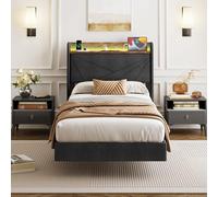 IRONCK Letto Imbottito Singolo 90x200, Letto Sospeso con Illuminazione LED, con Testiera e Rete a Doghe, Dotato di 2 Prese AC, 1 Porta USB e 1 Porta USB-C, con Contenitore, in Lino, Grigio