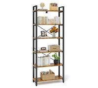 IRONCK Libreria Alta 2M, Scaffale Portaoggetti a 6 Ripiani, Scaffale per Libri industriale, legno con telaio in metallo, ripiani aperti, per ufficio, soggiorno, camera da letto, cucina, marrone nero