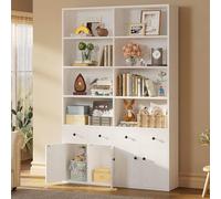 IRONCK Libreria da 199,9 cm con 4 cassetti e 4 ante, grande libreria a 6 ripiani con contenitore, mensole portaoggetti da pavimento, armadio alto per soggiorno (bianco industriale)