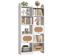 IRONCK Libreria e libreria a 6 livelli con 2 armadi a patta in rattan, 8 cubi di stoccaggio per soggiorno, 90 cm, bianco