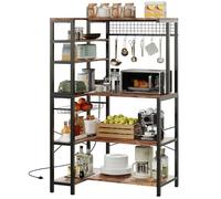 IRONCK Scaffale da forno con presa di corrente, supporto angolare per microonde a 5 ripiani con contenitore, bar con 6 ganci a S, ripiani da cucina con cestello in filo metallico