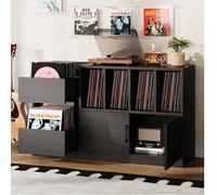 IRONCK Supporto per giradischi, tavolo per giradischi in vinile con armadietto e cassetti, supporto girevole moderno metà secolo, può contenere fino a 500+ album per soggiorno, sala musica, nero