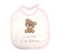 irpot Bavetta bavaglino neonato personalizzato con nome vari temi stampa sublimatica 21 x 23 cm con bordino (Battesimo Orsetta rosa)