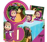 irpot Kit compleanno per 8 persone con sagoma in polistirolo personalizzabile Coordinato N 81 festa a tema personaggio a scelta per bambini e ragazzi (Masha e Orso)
