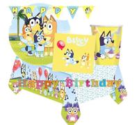 irpot kit n.17 per 40 persone con ghirlanda e bandierine triangolari Bluey cane Australian Cattle Dog cagnolina tiktok set per feste compleanno ideali per bambini cartone animato piatti bicchieri