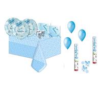 IRPot - Kit N.30 Coordinato TAVOLA Battesimo Fiocco Celeste +Tubi SPARACORIANDOLI E Palloncini