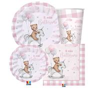 irpot kit n.47 per 8 persone battesimo teddy bear rosa bambina decorazioni piatti carta piatti dessert bicchieri tovaglioli crosa party festa battezzo bimba pastello scacchi