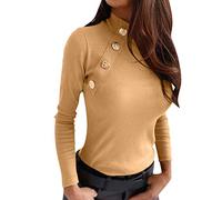 Irregolare Solido Lungo Top per Le Donne Moda Manica Collo Abbottonatura per Le Donne Camicia Manica Tre Quarti, cachi, M