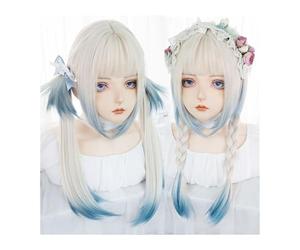 Irregular Coloring dritto Wig with Bangs White Gradient Blue Long Synthetic Cosplay Soft Breathable Heat Resistant Wigs Daily Use