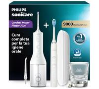 Irrigatore orale senza filo Philips Sonicare Power Flosser 3000 e spazzolino elettrico DiamondClean 9000 - Pulizia di denti e gengive e rimozione della placca, colore bianco (modello HX3886/41)