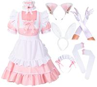 Irtysh Anime francese ragazze Bunny Maid Sweet Kawaii Costume Cosplay Vestito Peloso Orecchio di Gatto Guanti Calzini Set, Rosa, S