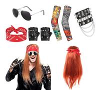 IRWOY Rock Star, accessorio per costume da uomo, 7 pezzi 70 anni '80 anni '90, parrucca da discoteca, accessori lunghi e ricci, occhiali da sole, rocker in pelle, per tatuaggi (rosso1)