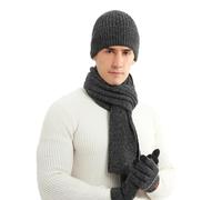 Irzaki Set invernale da uomo con cappello, sciarpa e golf, guanti touch screen, cappelli lavorati a maglia, sciarpa lunga termica, foderato in pile, per uomini e donne, sport all'aria aperta, grigio,