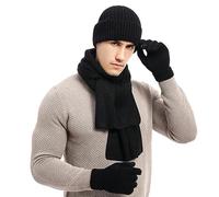 Irzaki Set invernale da uomo con cappello, sciarpa e golf, guanti touch screen, cappelli lavorati a maglia, sciarpa lunga termica, foderato in pile, per uomini e donne, sport all'aria aperta, Nero ,